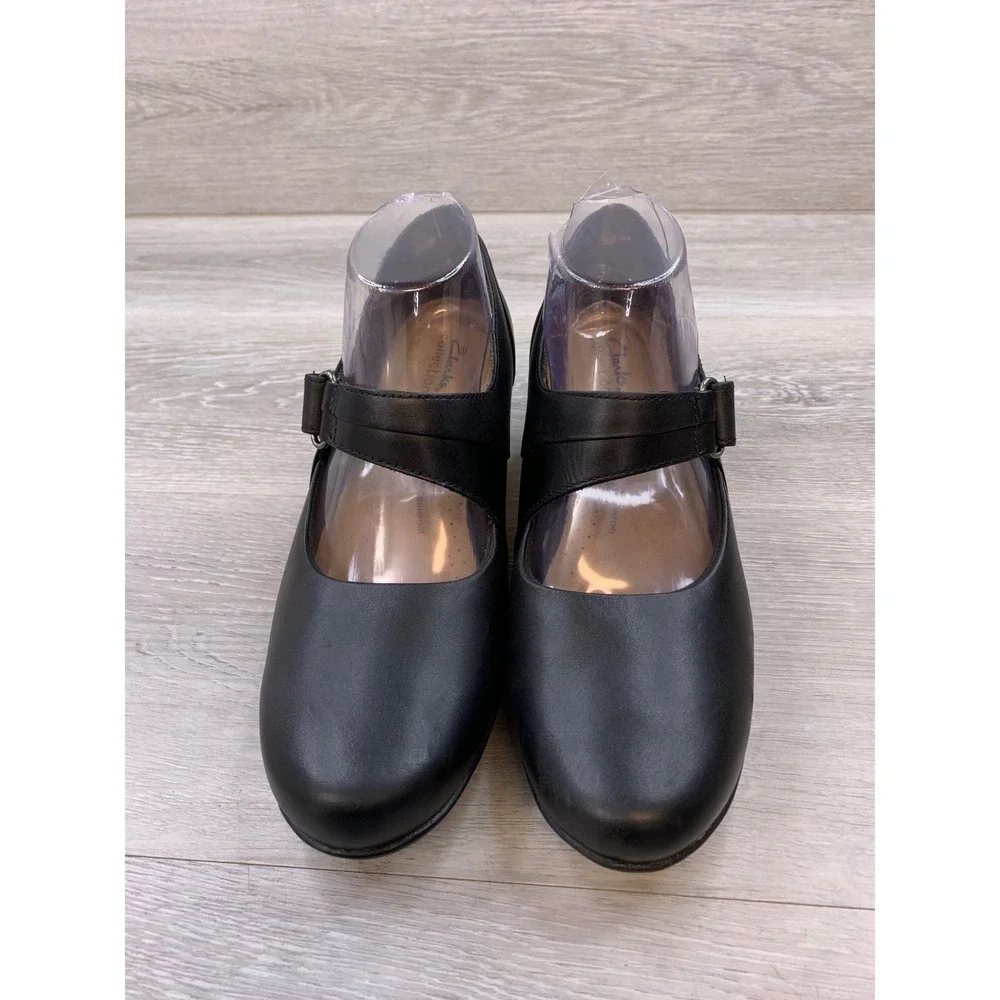 Clarks Women's Black Leather Mary Jane Block Heel Pumps 8.5 W Comfort Shoes